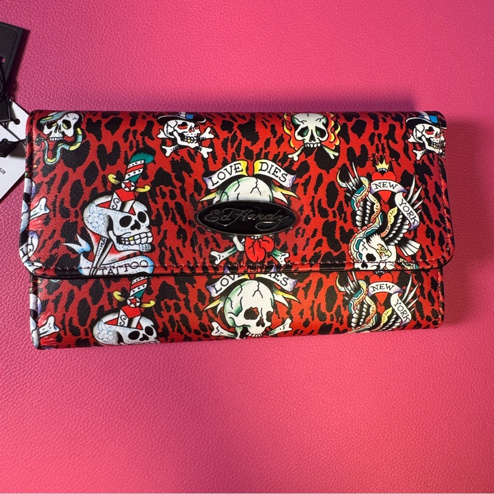 Ed Hardy Skull “Love Dies” Tattoo Wallet NWT Vegan Leather Y2K Multi-Compartment